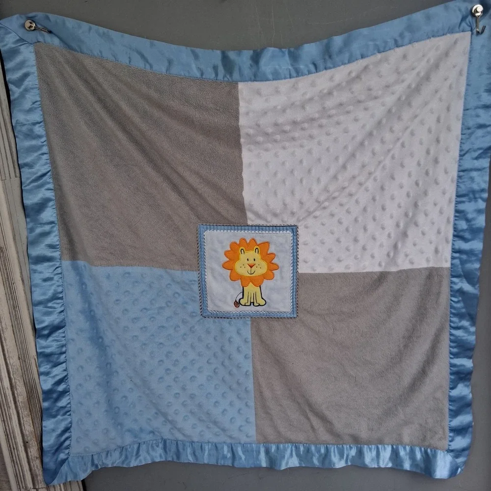 Vtg Y2K Blue Grey Patchwork Lion Baby Security Blanket Dot Satin Trim Lovey
